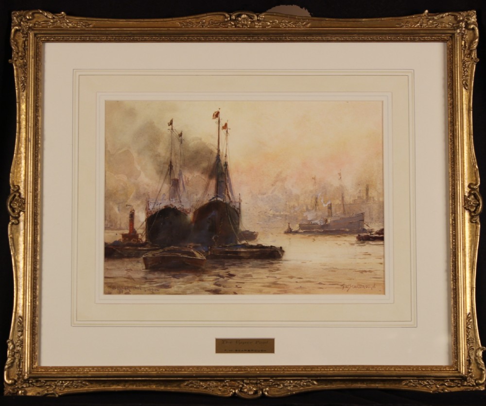 An atmospheric antique watercolour painting depicting steamships and tugboats docked along the River Thames under a hazy sepia sky. View II