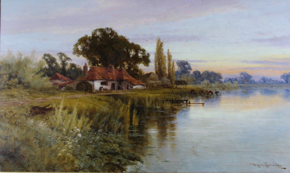 A large framed landscape oil painting depicting a quiet river with a cottage on the bank and cattle standing near the water under a soft evening sky. View II