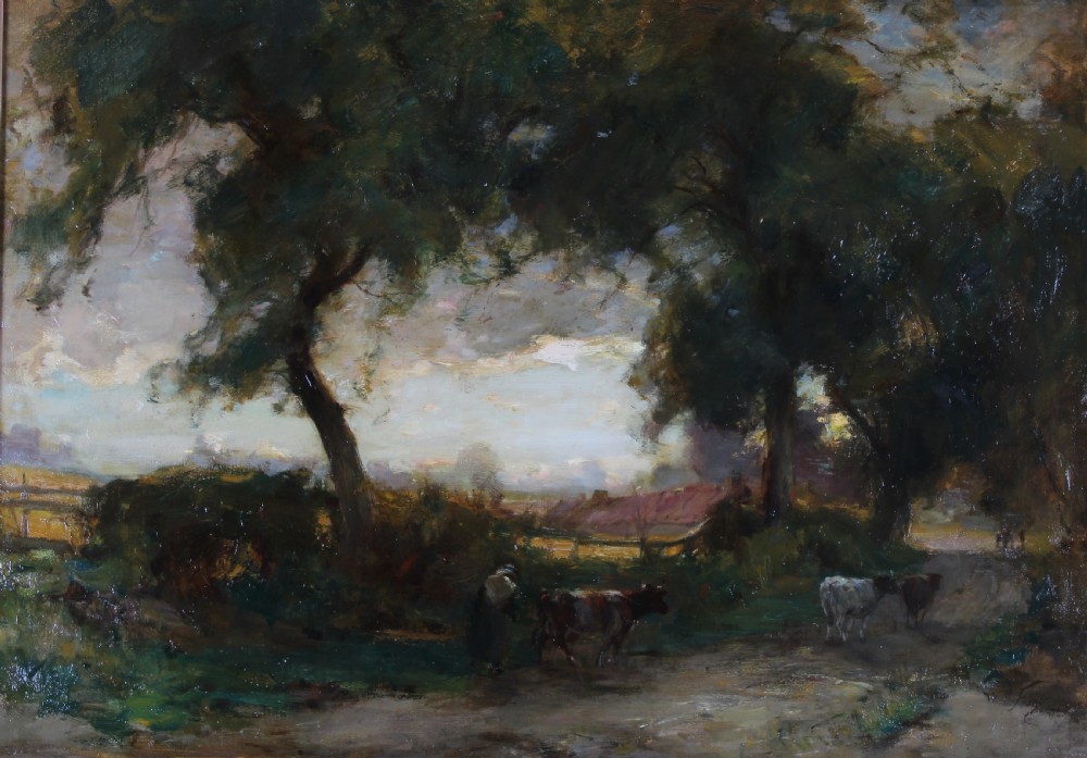 An antique oil landscape painting depicting a twilight pastoral scene with cattle on a dirt track under trees, enclosed in an ornate gilded swept frame. View II