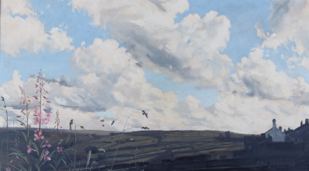 A horizontal landscape oil painting depicting rolling Yorkshire fields and pink wildflowers beneath an expansive blue sky filled with clouds.