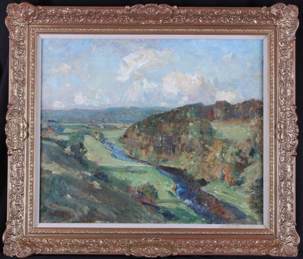 An impressionistic landscape oil painting depicting a river winding through green hills, framed within an ornate swept gilt border.