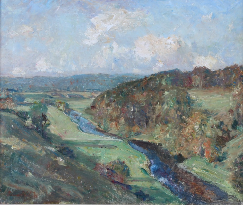 An impressionistic landscape oil painting depicting a river winding through green hills, framed within an ornate swept gilt border. View II