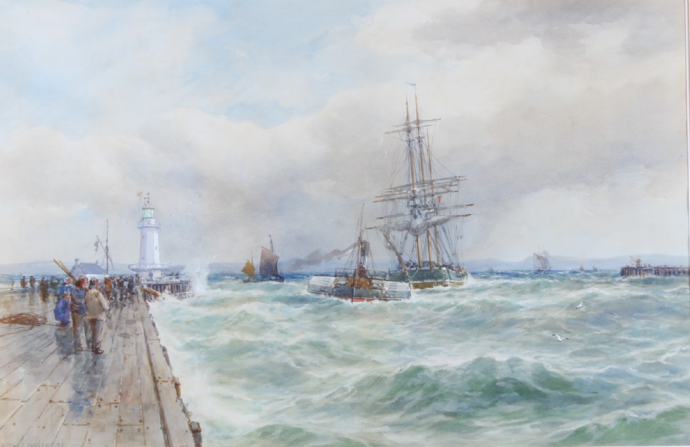 A late 19th-century marine watercolour painting depicting a lighthouse, wooden pier with figures, and tall sailing ships on choppy waters.