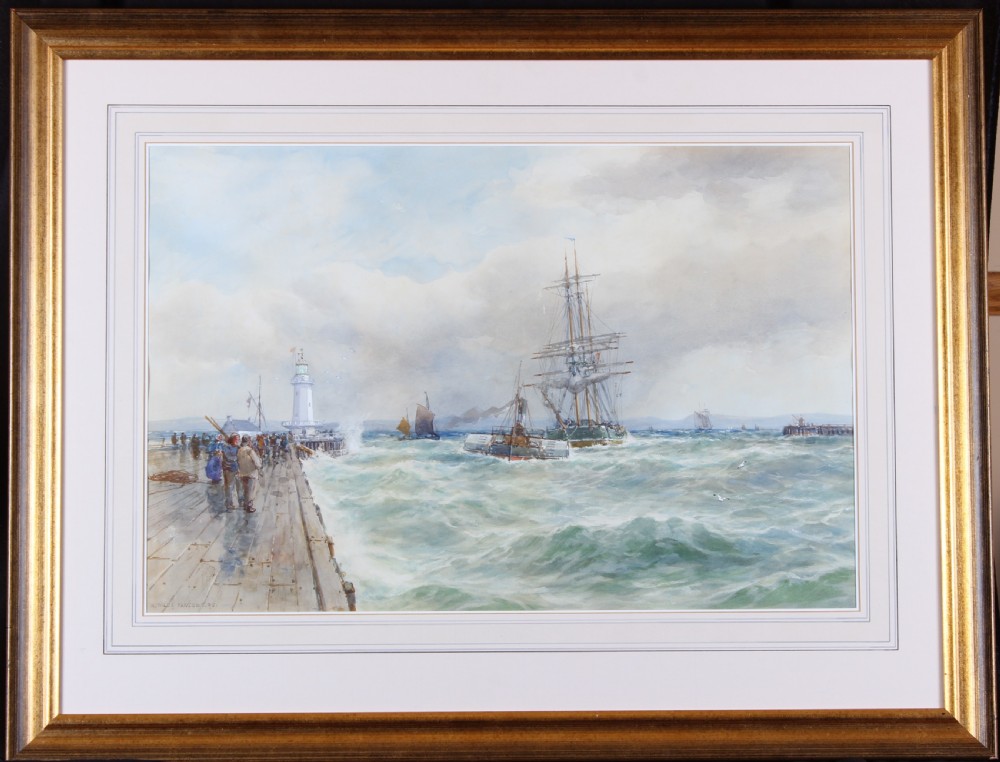 A late 19th-century marine watercolour painting depicting a lighthouse, wooden pier with figures, and tall sailing ships on choppy waters. View II