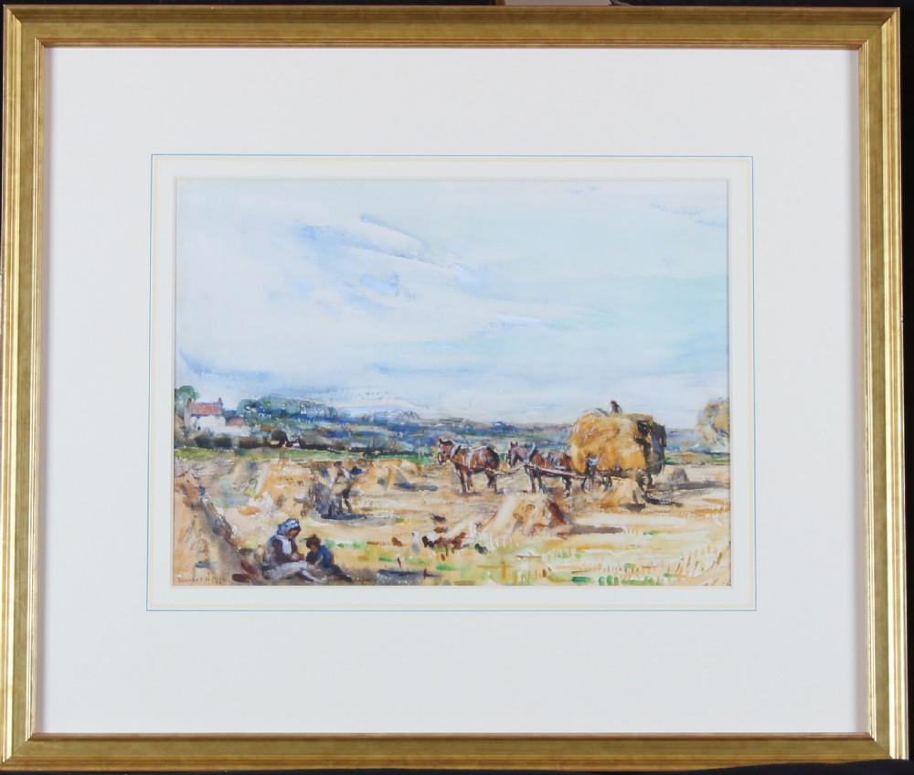 A watercolour painting depicting workers and horse-drawn carts harvesting hay in a field under a pale blue sky. View II