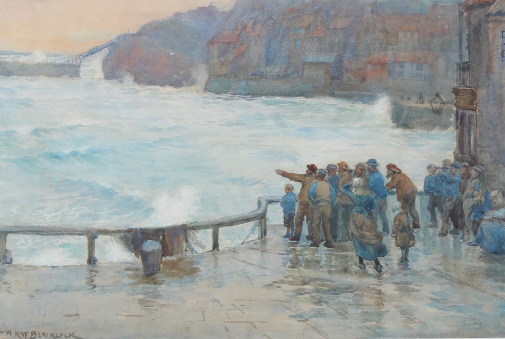 A watercolour painting depicting figures gathered on a wet stone quay observing waves crashing in Whitby harbour.