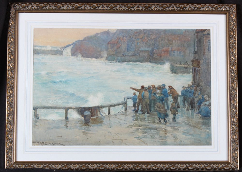 A watercolour painting depicting figures gathered on a wet stone quay observing waves crashing in Whitby harbour. View II