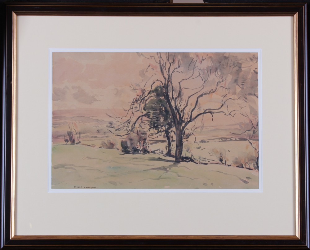 A landscape watercolour painting depicting bare trees against rolling hills and a muted pink sky, signed Fred Lawson in the lower left corner. View II