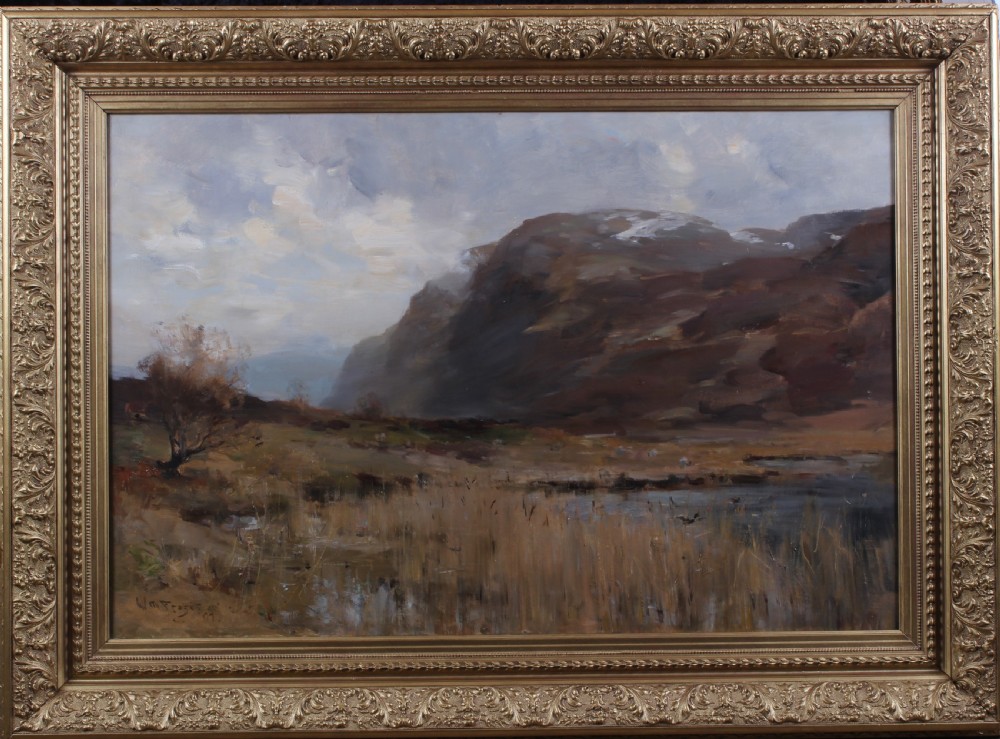 An oil painting depicting a Scottish loch and marshland in the foreground with dark mountains under a cloudy sky. View II