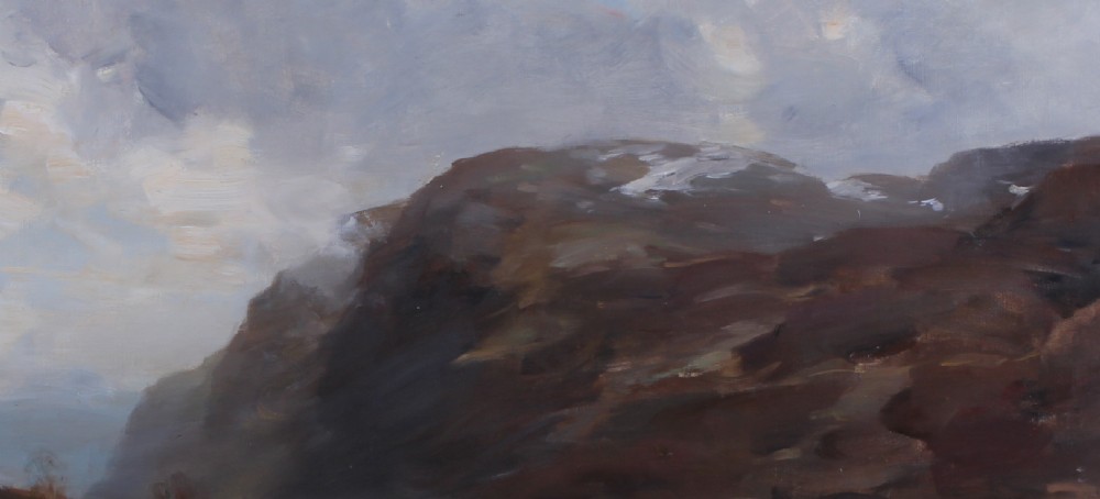 An oil painting depicting a Scottish loch and marshland in the foreground with dark mountains under a cloudy sky. View IV