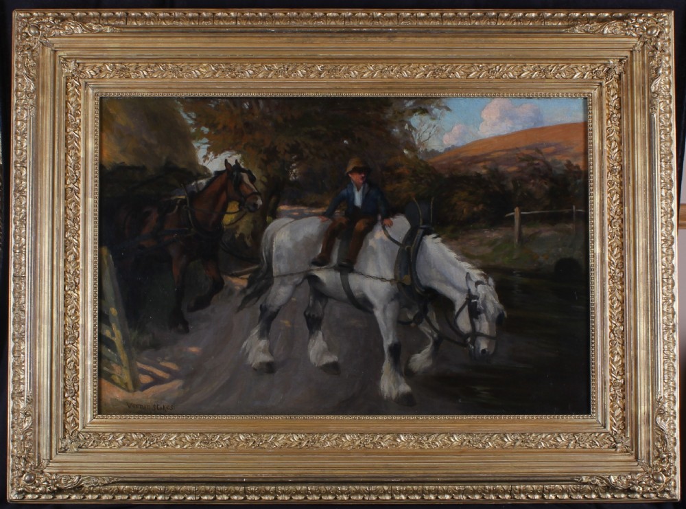An oil painting depicting a boy riding a grey heavy horse drinking from a stream alongside a bay horse on a rural lane. View II