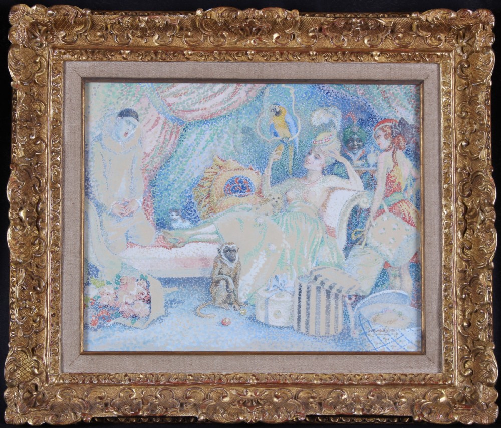 A pointillist watercolour painting depicting a theatrical scene with figures in costume, a monkey, a parrot, and a recumbent woman in pastel blue and yellow tones. View II