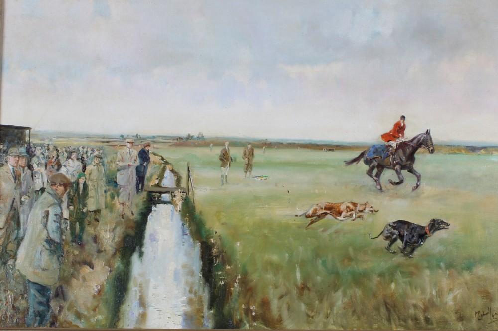 An oil painting depicting a greyhound coursing event at the Waterloo Cup with spectators lining a drainage ditch and a rider on horseback in the field.