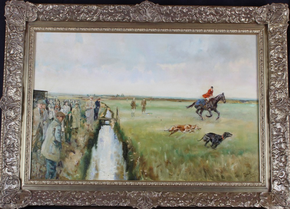 An oil painting depicting a greyhound coursing event at the Waterloo Cup with spectators lining a drainage ditch and a rider on horseback in the field. View II