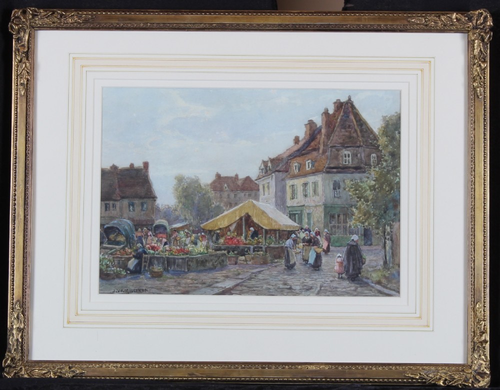 A watercolour painting depicting a busy French town market square with stalls, traditional buildings, and figures. View II