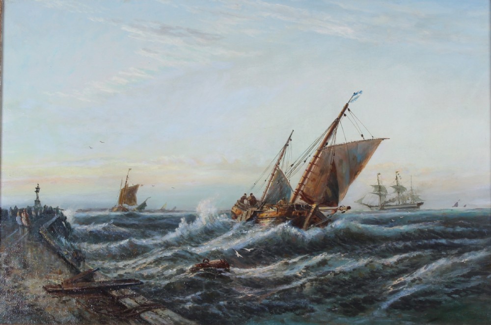 An antique oil painting depicting wooden sailing ships navigating choppy seas near a stone harbour breakwater under a pale sky.