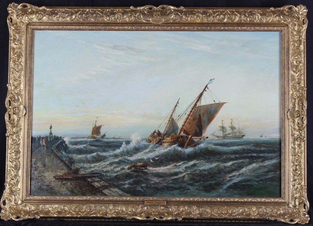 An antique oil painting depicting wooden sailing ships navigating choppy seas near a stone harbour breakwater under a pale sky. View II
