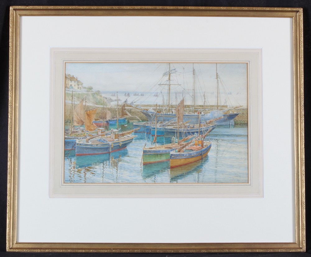 A detailed watercolour painting depicting multiple fishing boats and tall-masted vessels moored inside Mousehole harbour wall under a soft sky. View II