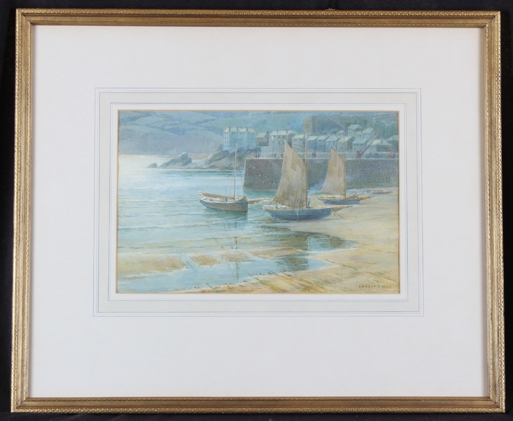 A watercolour painting depicting grounded sailing boats in a shallow harbour at low tide alongside stone buildings under soft atmospheric light. View II