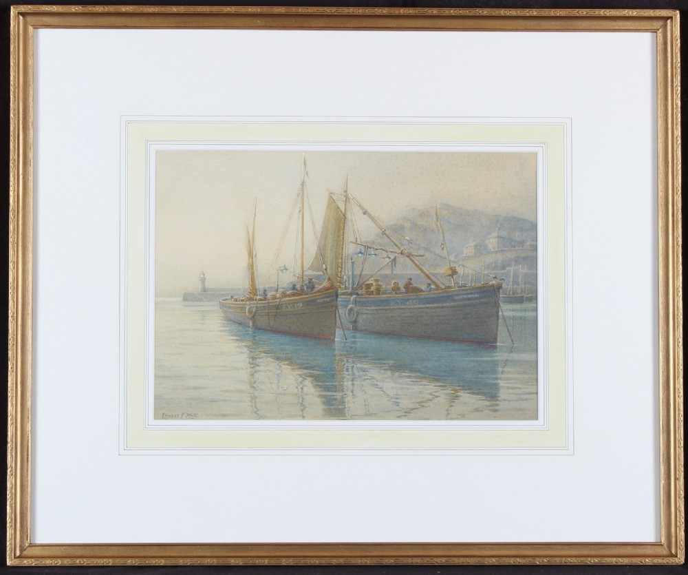 A muted British marine watercolour painting depicting two moored wooden fishing boats in Mevagissey harbour against a misty coastline. View II