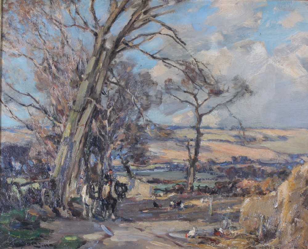 An impressionistic oil painting depicting a rural Yorkshire landscape with bare trees, working farm animals, and an expansive dale under a cloud-filled blue sky.