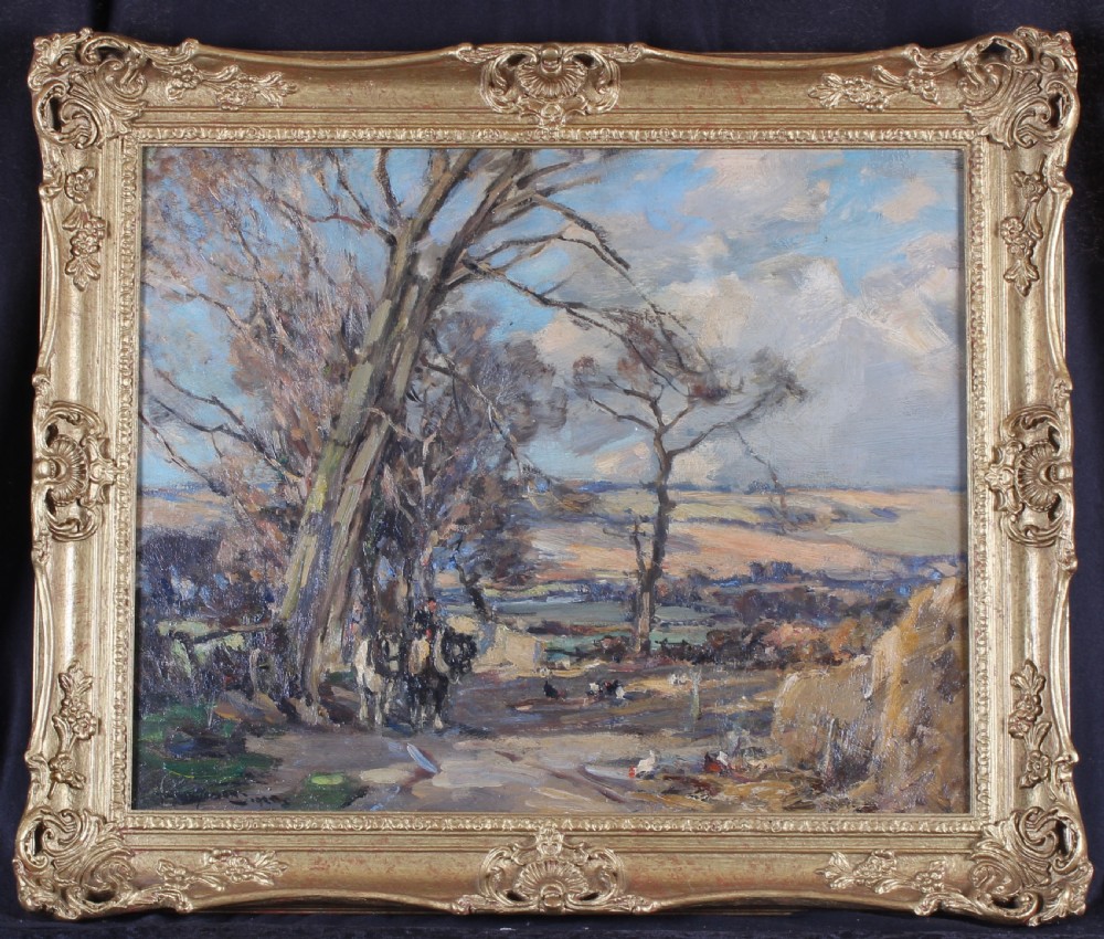 An impressionistic oil painting depicting a rural Yorkshire landscape with bare trees, working farm animals, and an expansive dale under a cloud-filled blue sky. View II
