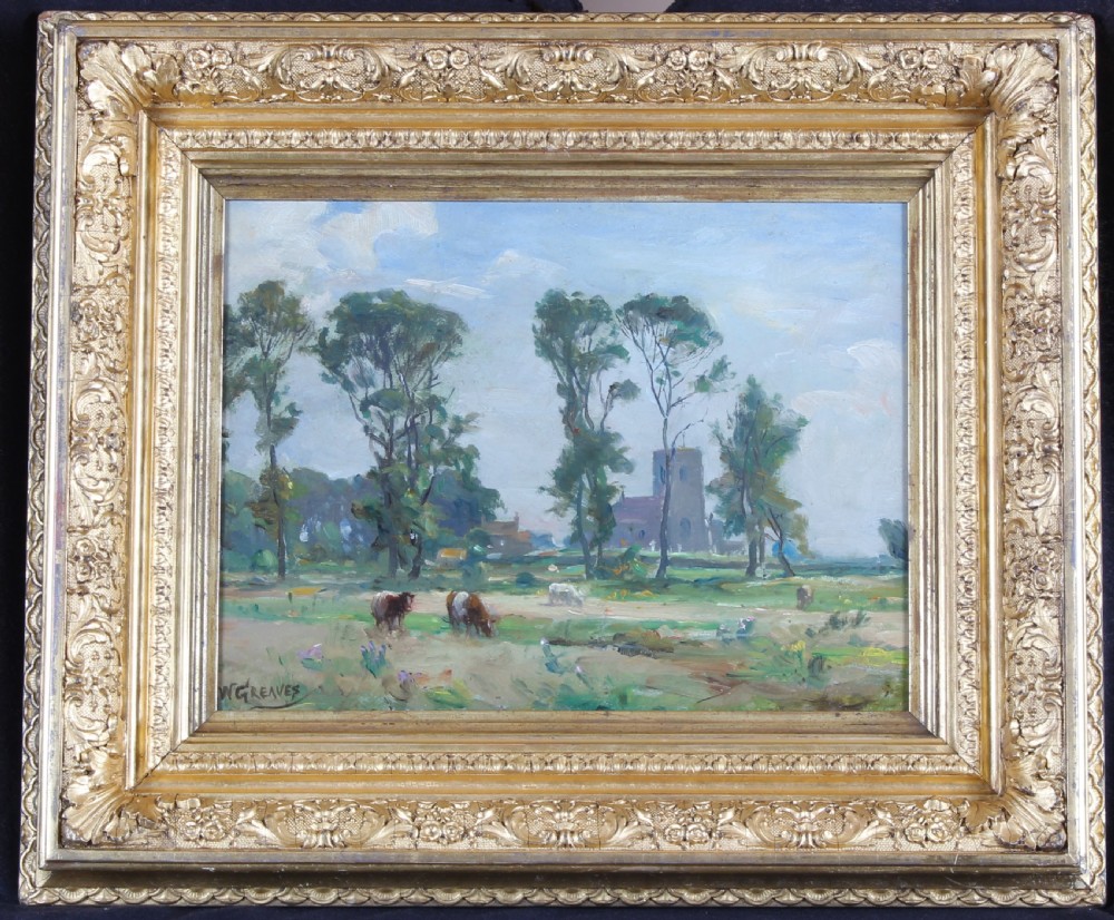 An impressionistic oil painting depicting grazing cattle in a green pasture with tall trees and a distant church tower against a cloudy sky. View II