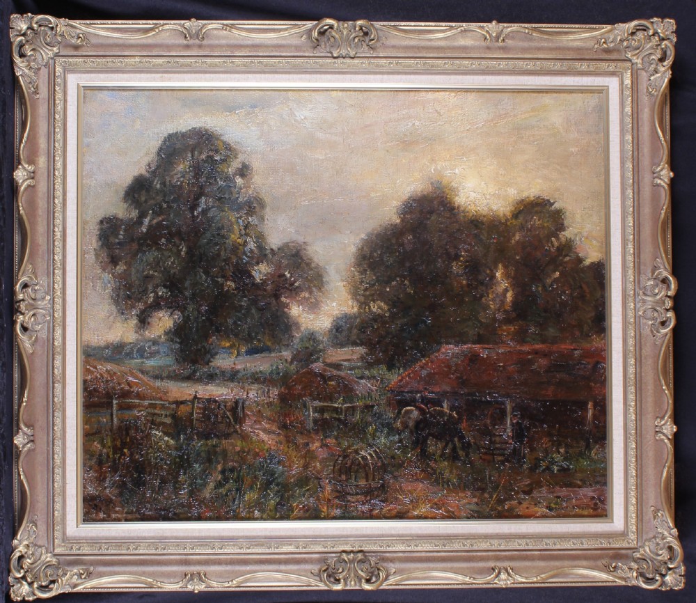 An oil painting depicting a rural farmstead in Wharfedale with large leafy trees, farm buildings, and horses under a warm overcast sky. View II