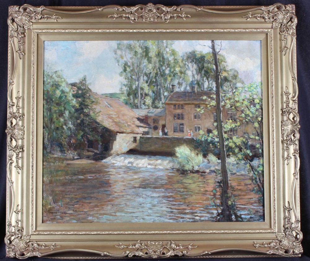 An impressionist oil painting depicting Ripley Mill in Killinghall alongside a flowing river surrounded by green trees and stone structures. View II