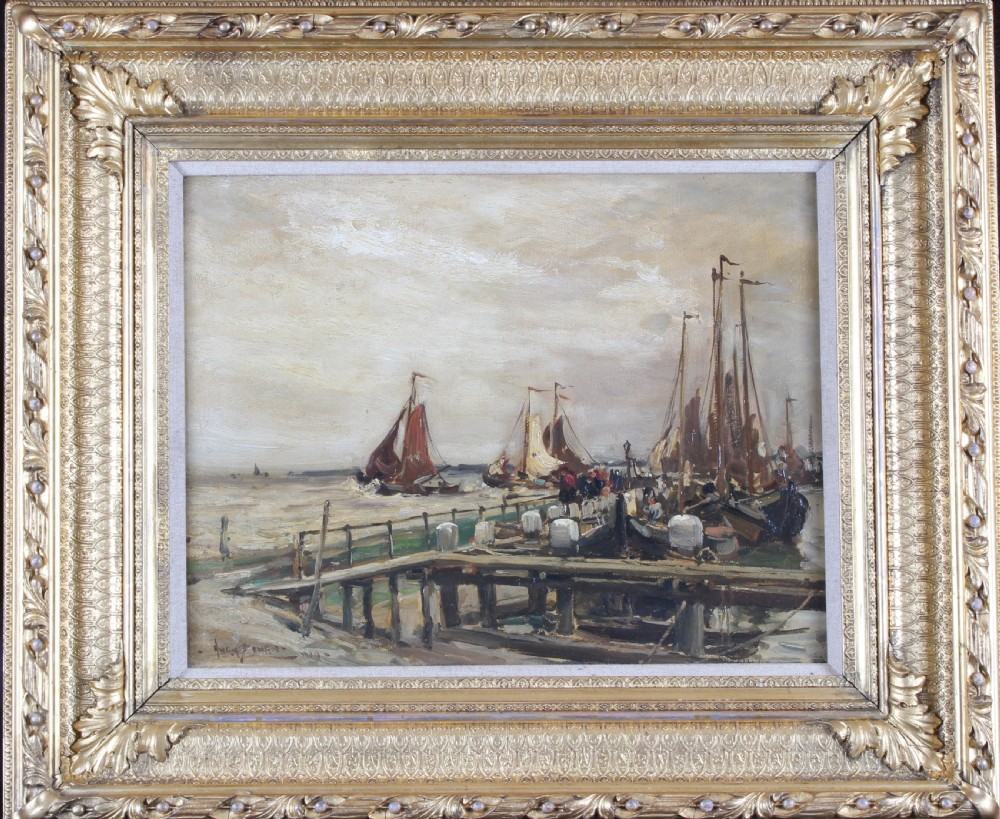 An impressionist marine oil painting depicting sailing vessels moored alongside a wooden harbour pier under an overcast sky. View II