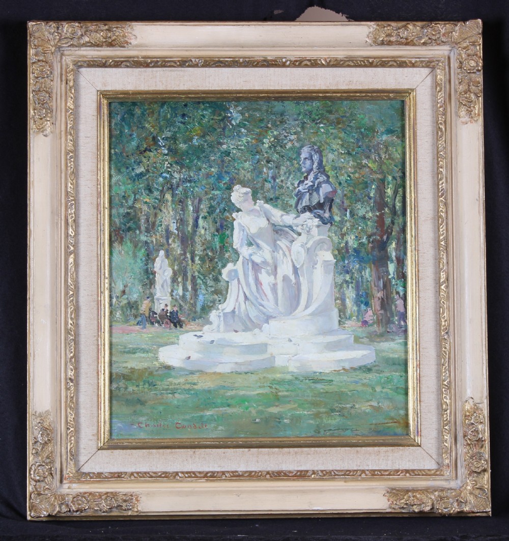 An impressionist oil painting depicting a sculpted stone statue surrounded by green trees in a park, signed by artist Charles Cundall at the lower left. View II