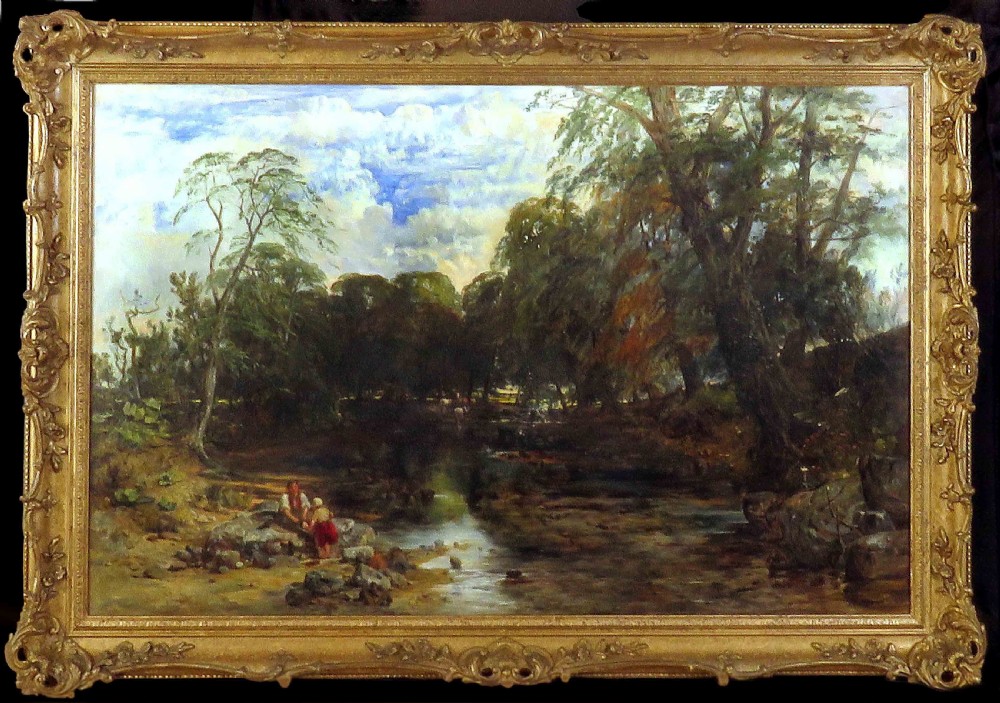 An oil painting on canvas depicting a woodland landscape with trees, a river bed, a cloud-filled sky, and small figures near the water. View II