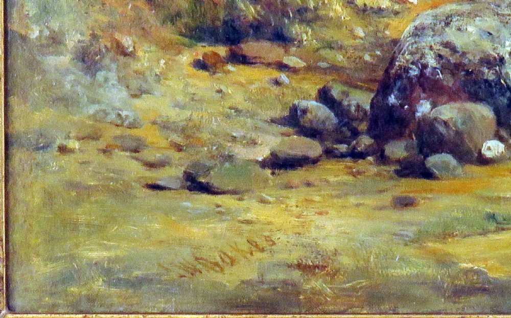 An oil painting on canvas depicting a woodland landscape with trees, a river bed, a cloud-filled sky, and small figures near the water. View III
