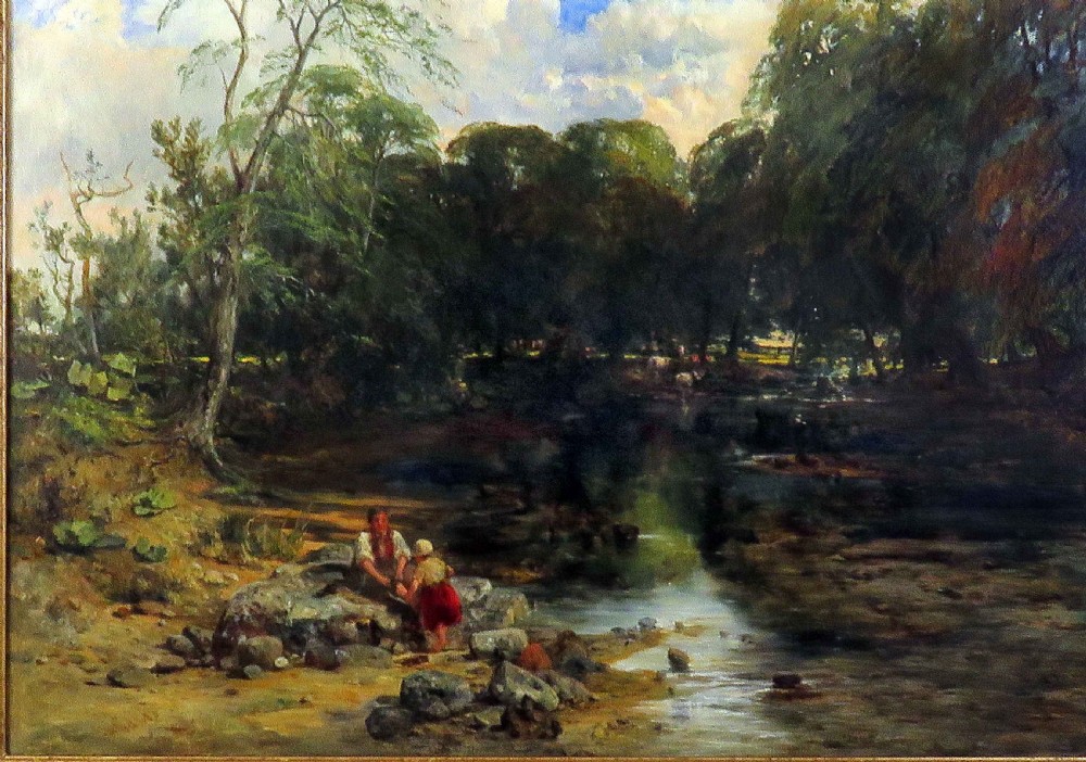 An oil painting on canvas depicting a woodland landscape with trees, a river bed, a cloud-filled sky, and small figures near the water. View V