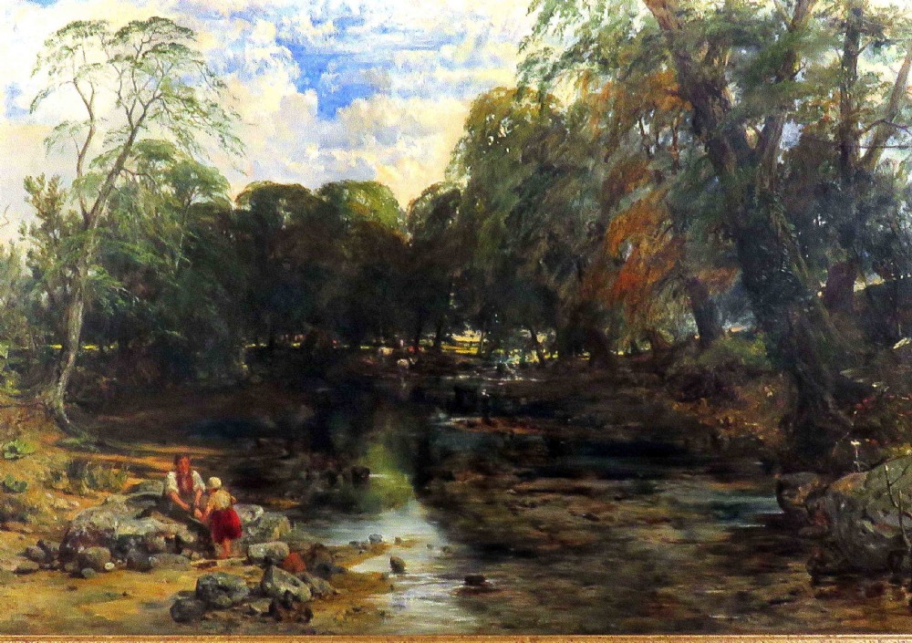 An oil painting on canvas depicting a woodland landscape with trees, a river bed, a cloud-filled sky, and small figures near the water. View VI