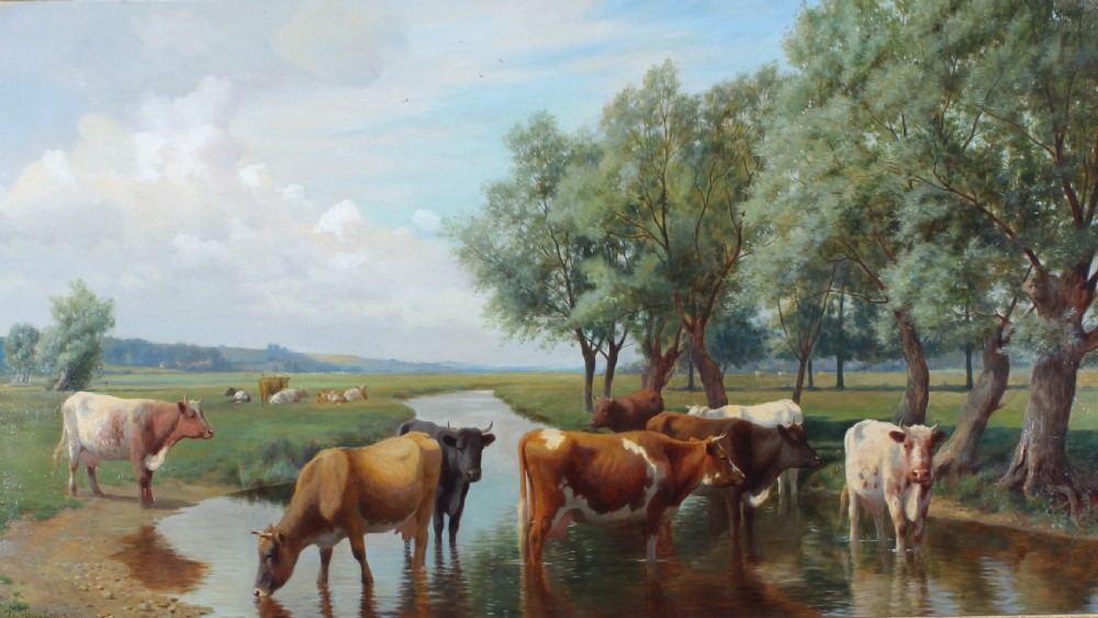 A large horizontal oil painting depicting cattle standing in a river lined with trees under a pale sky.