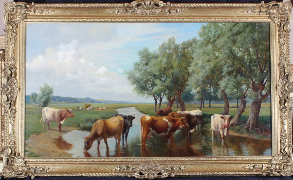 A large horizontal oil painting depicting cattle standing in a river lined with trees under a pale sky. View II