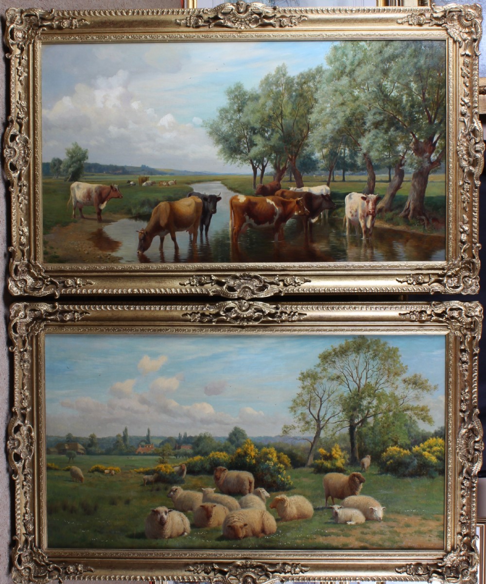 A large horizontal oil painting depicting cattle standing in a river lined with trees under a pale sky. View VIII