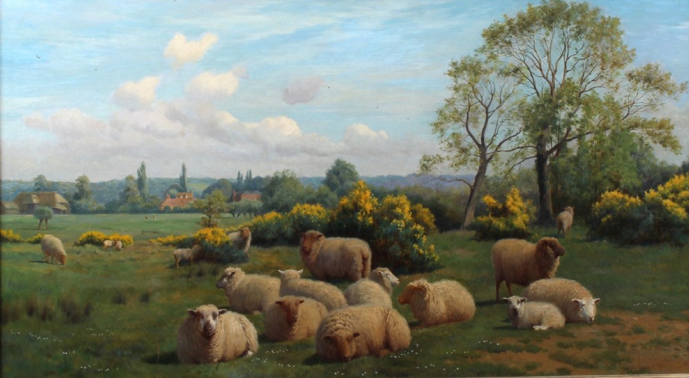 An oil painting depicting a flock of sheep resting in a green Kentish pastoral landscape under a cloudy blue sky.