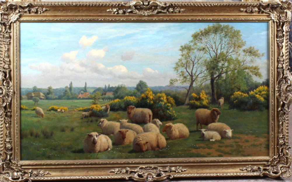 An oil painting depicting a flock of sheep resting in a green Kentish pastoral landscape under a cloudy blue sky. View II
