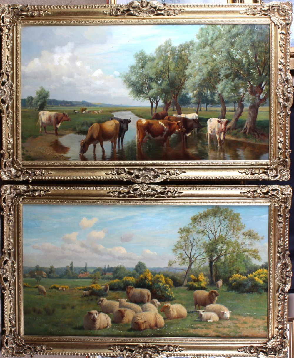 An oil painting depicting a flock of sheep resting in a green Kentish pastoral landscape under a cloudy blue sky. View VIII