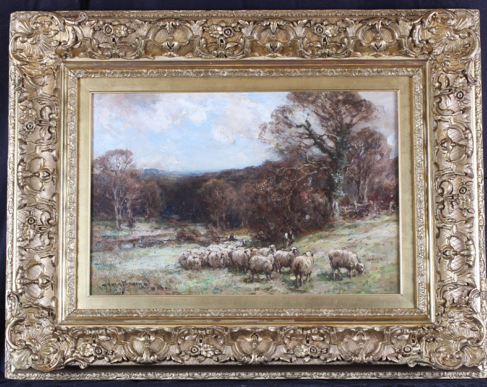 An oil painting depicting a flock of sheep on a grassy hillside path surrounded by woodland and trees under a cloudy sky. View II