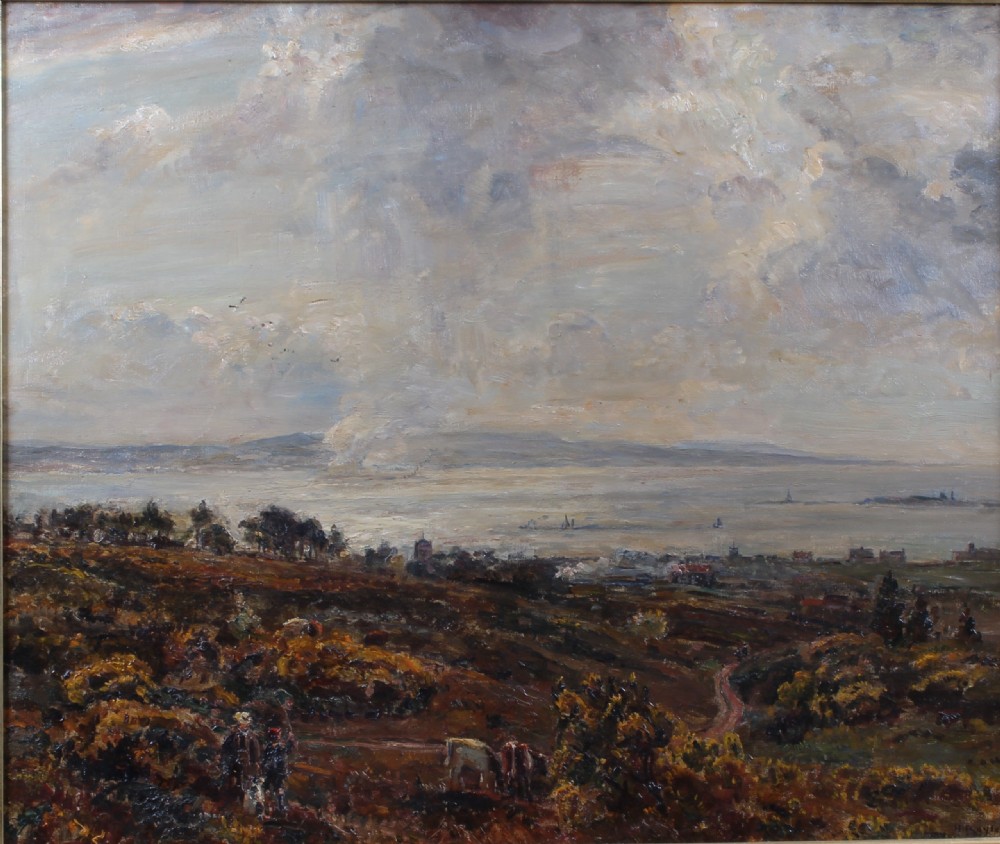 A British Impressionist oil painting on canvas depicting the Dee Estuary with a wide cloudy sky and cattle grazing on brown heathland in the foreground.