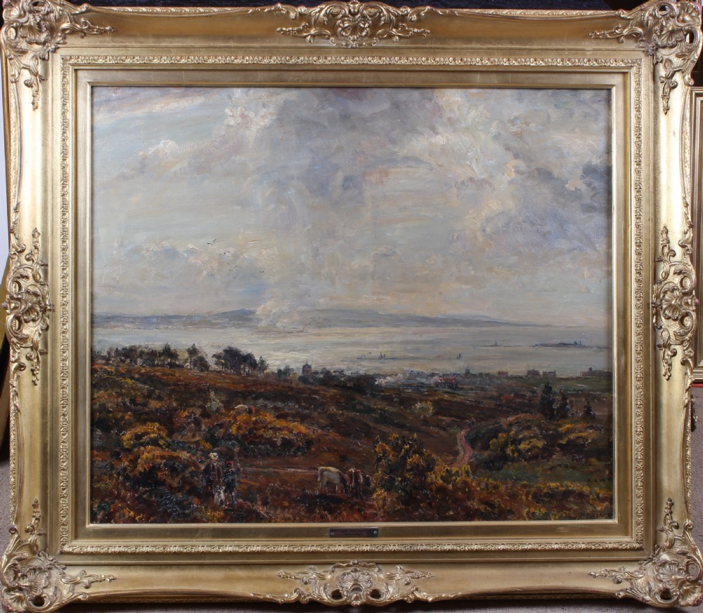 A British Impressionist oil painting on canvas depicting the Dee Estuary with a wide cloudy sky and cattle grazing on brown heathland in the foreground. View II