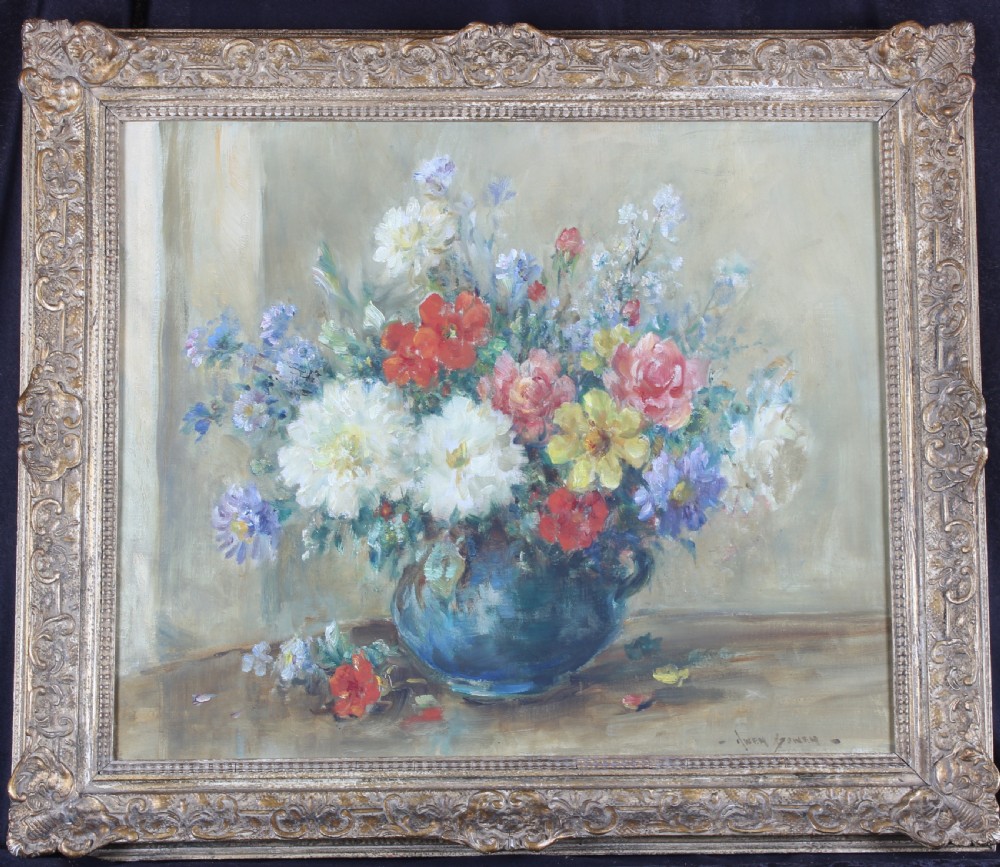 An impressionist still life oil painting depicting a vase of summer flowers in shades of white, red, yellow, and blue set upon a wooden surface. View II