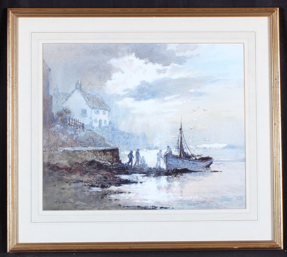 A marine watercolour painting depicting fishermen on a shore beside a traditional coble boat with a whitewashed cottage on a cliff top in the background. View II