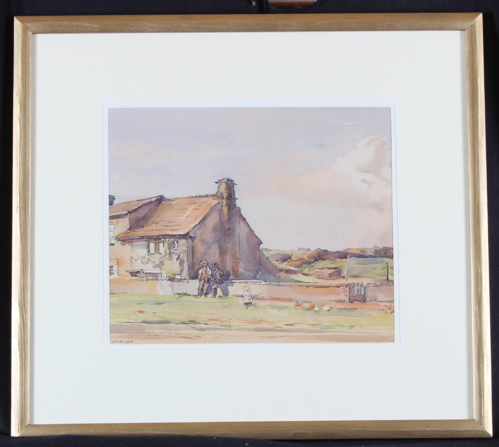 A landscape watercolour painting depicting Crayke House in Castle Bolton, Wensleydale, featuring stone structures and figures under a light sky. View II