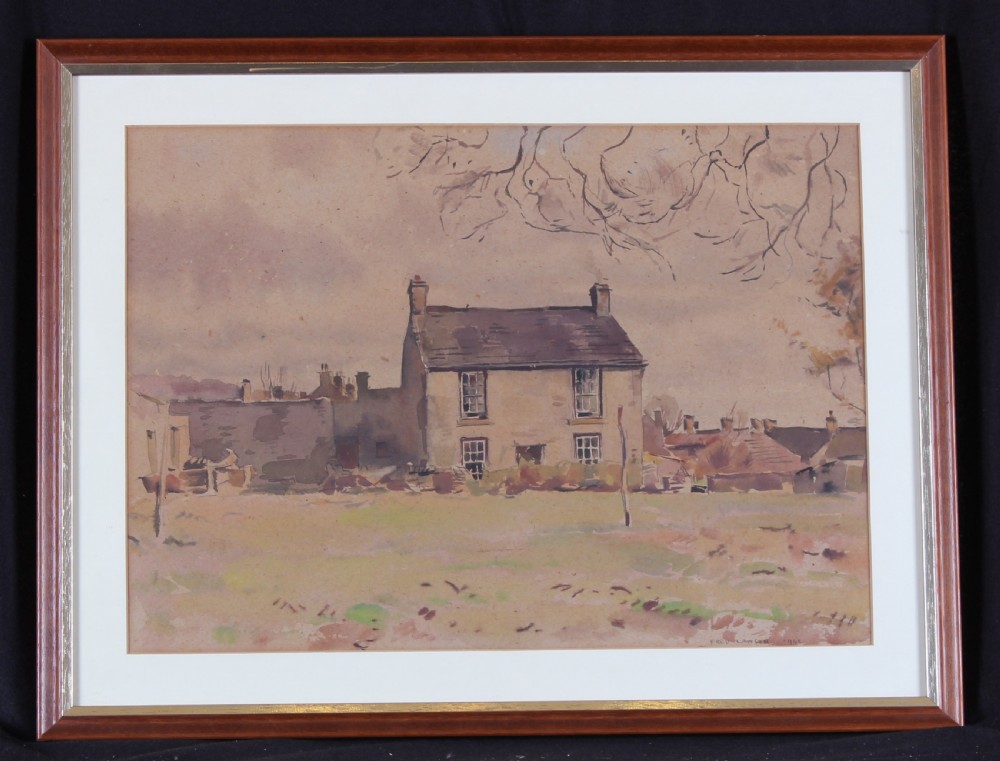 A watercolour landscape painting on paper depicting a stone cottage titled Priory Cottage, Redmire under a muted sky with overhanging branches. View II