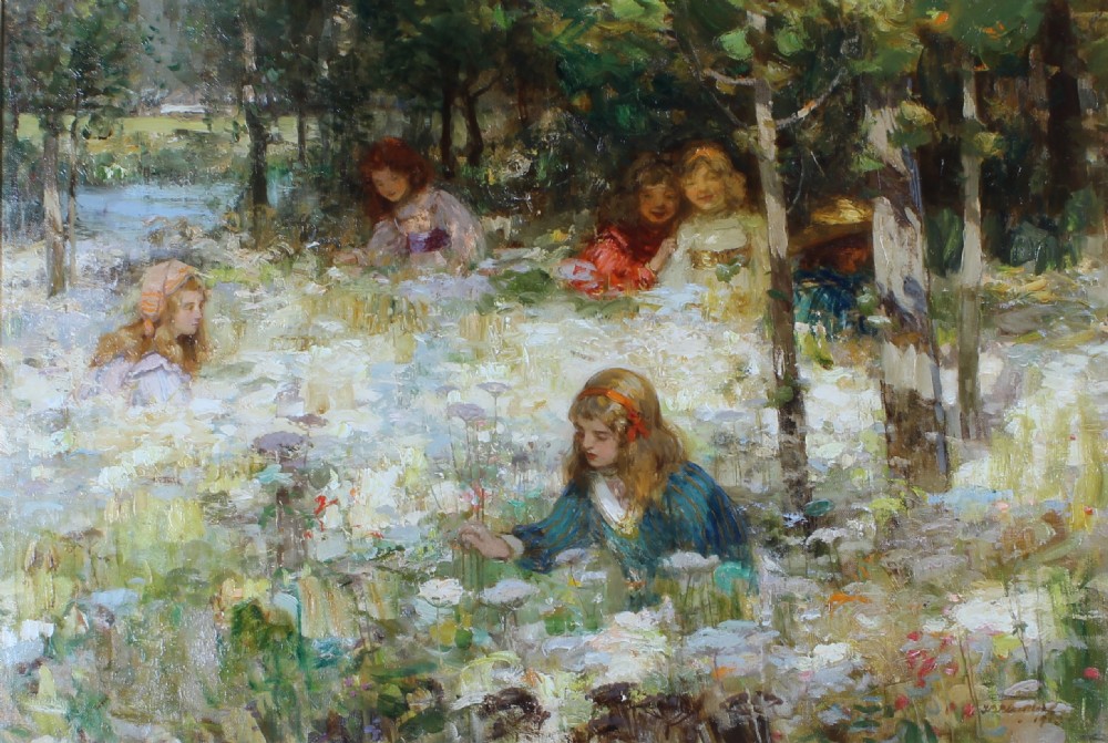 An Edwardian oil painting on canvas depicting children gathering white wildflowers in a sunlit woodland clearing.