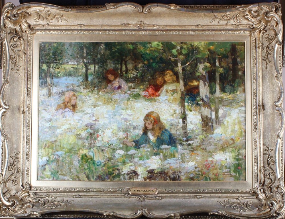 An Edwardian oil painting on canvas depicting children gathering white wildflowers in a sunlit woodland clearing. View II